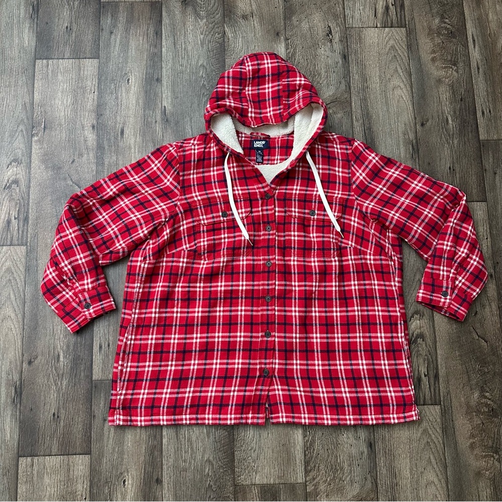 Lands End Flannel Hoodie Shacket Women’s Plaid Sherpa Lined Thermal Red